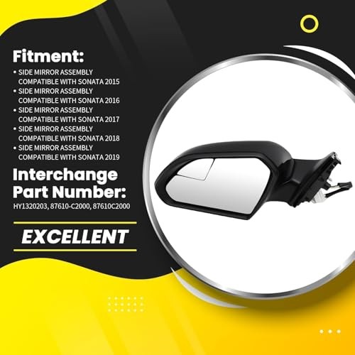 Driver Side Mirror Assembly Compatible with Sonata 2015 2016 2017 2018 Left