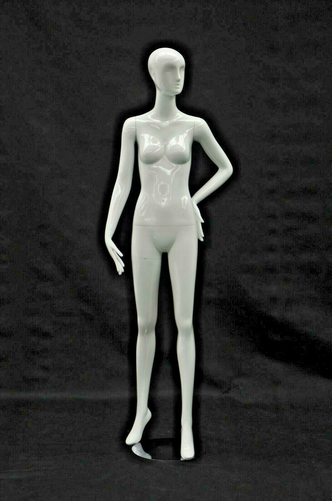 Adult Female Standing Abstract Face Glossy White Fiberglass Mannequin with Base