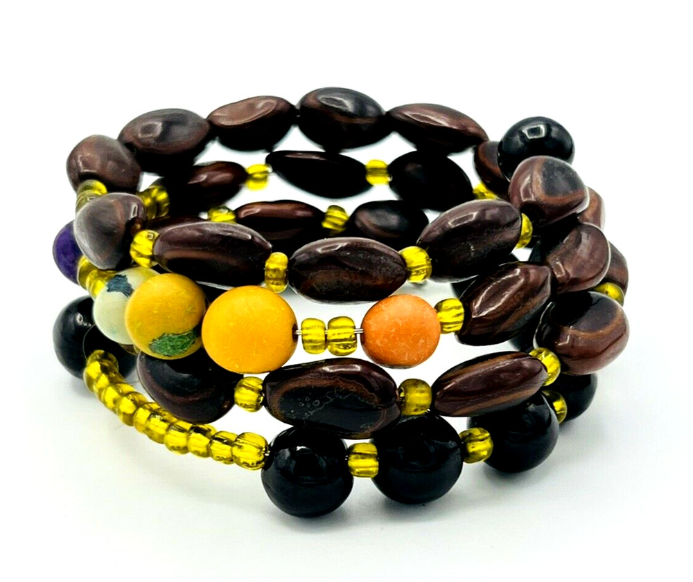 Artisan Nut Beads Memory Wire Wrap BOHO Bracelet