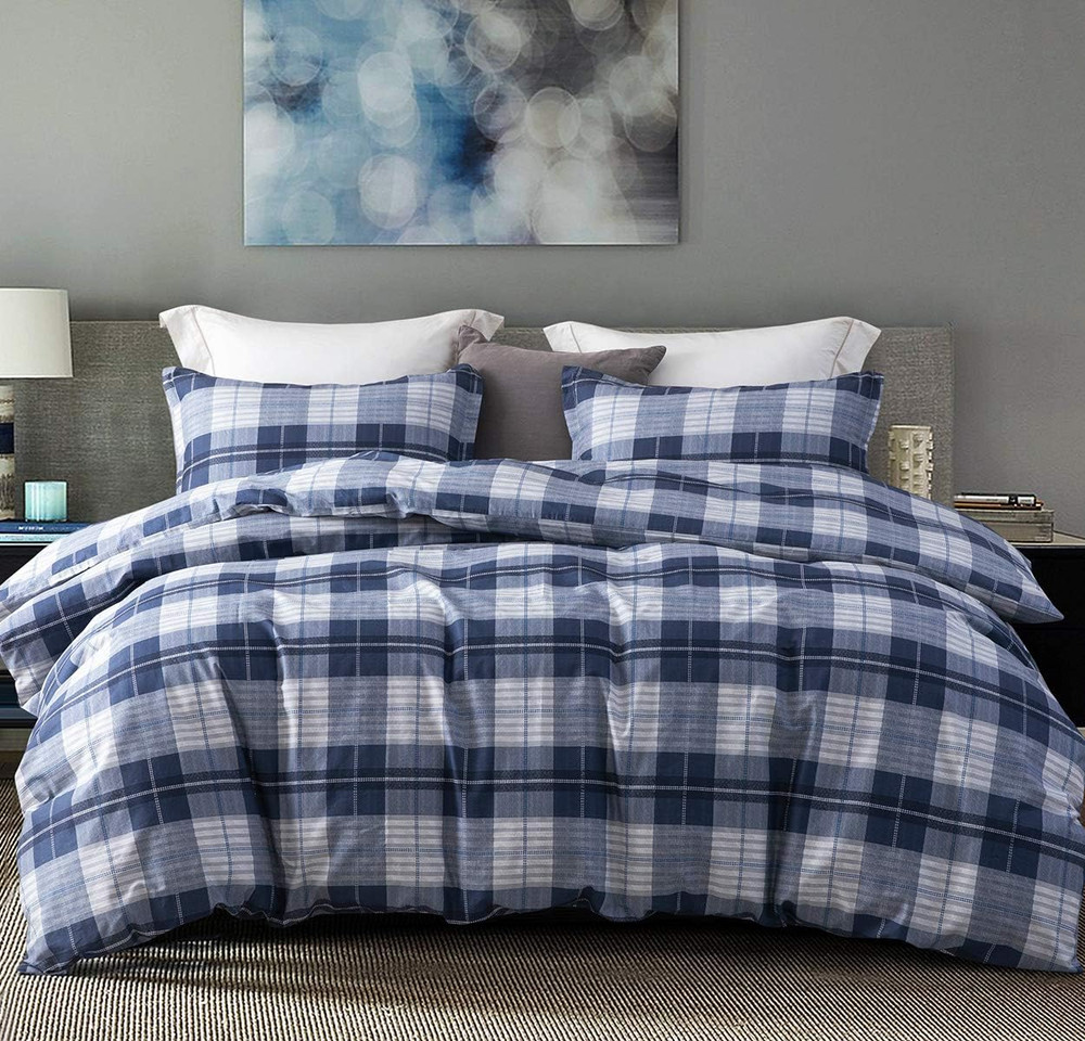 Comforter Queen Size, 600 Thread Count Cotton Navy Blue & Grey Buffalo Pattern B