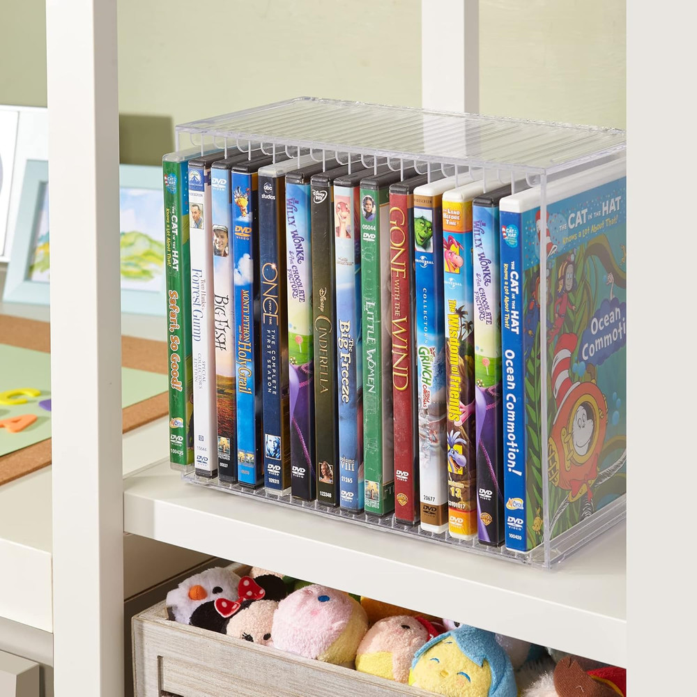 Stori Stackable Clear Plastic DVD Organizer with Rubber Feet | Rectangular Holde