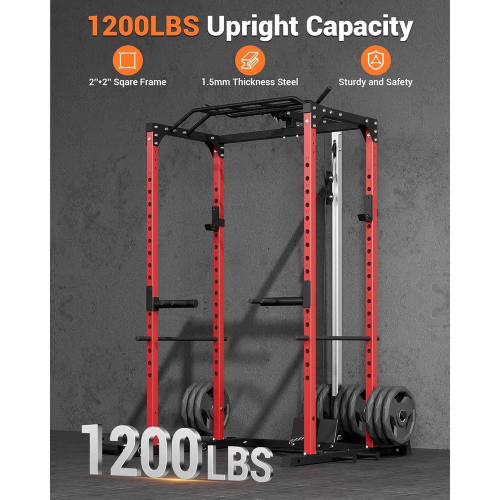 Power Cage w/ LAT Pull Down System, Multi-Functional Squat Rack w/Low Row System