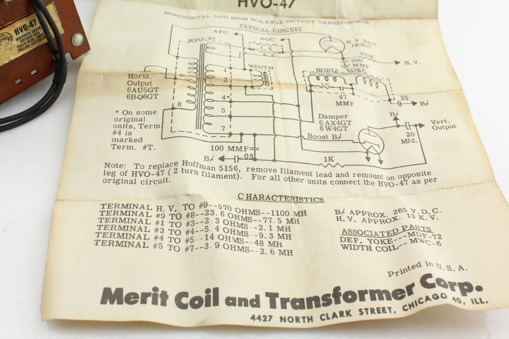 NOS Merit HVO-47 Horizontal Output Transformer Exact Replacement HOFFMAN 5156