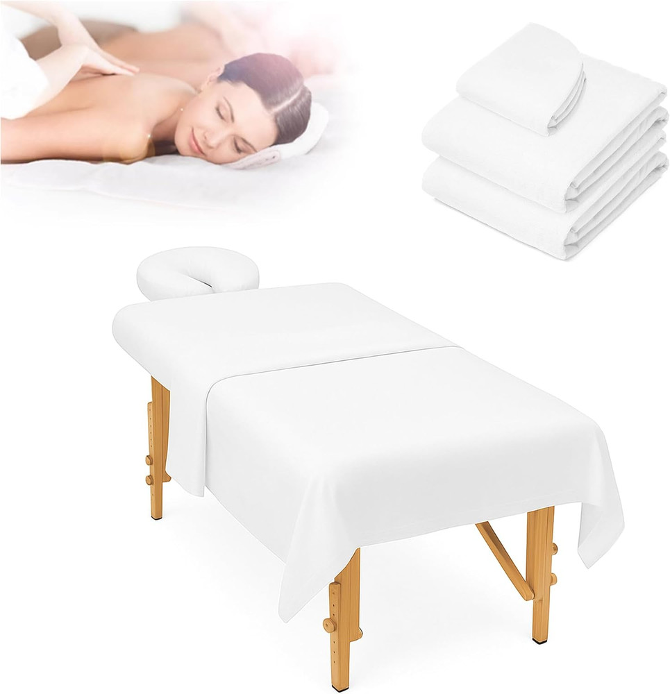 Massage Table Sheet Set, 3Pcs (Flat Sheet, Fitted Sheet, Face Rest Cover), White