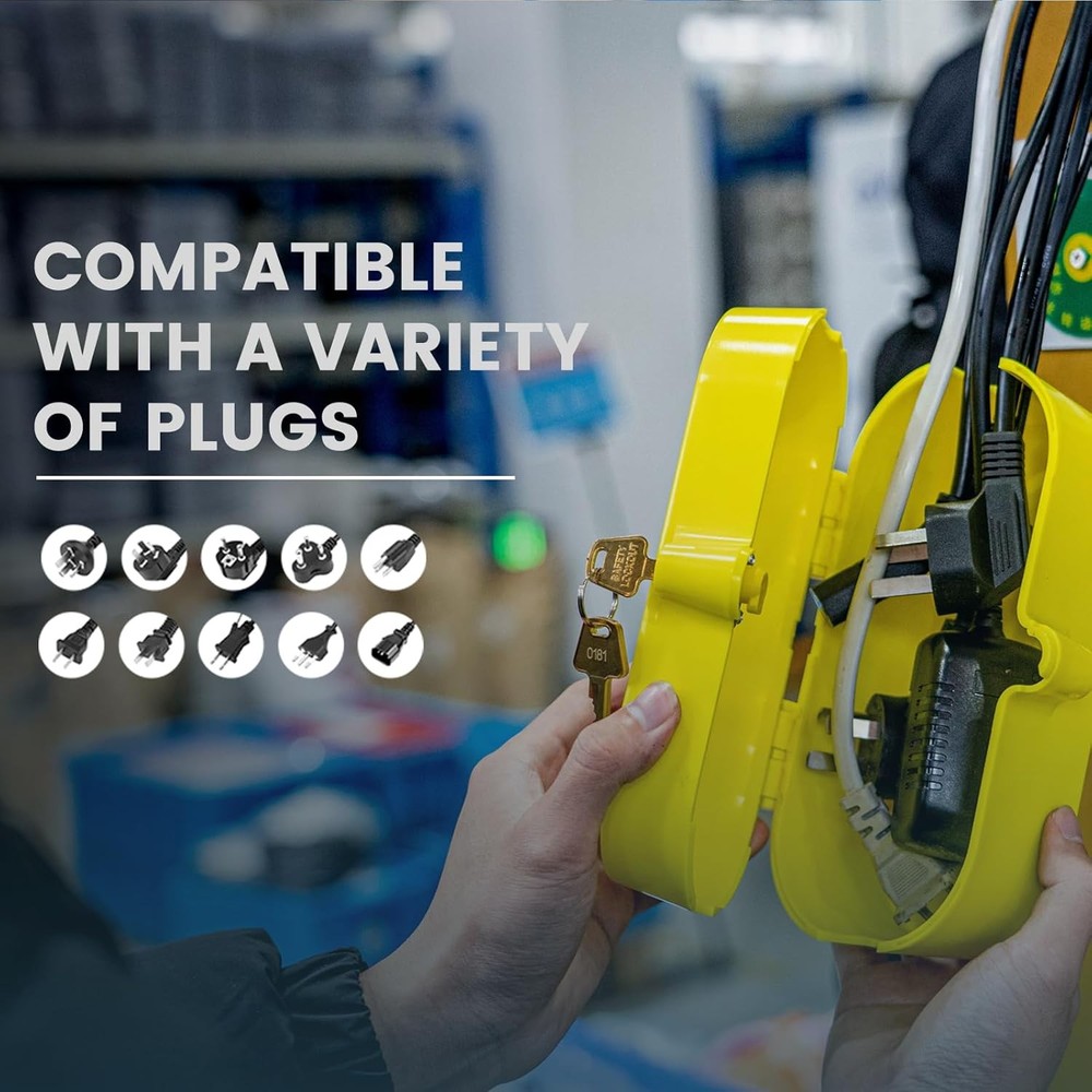 Plug Locks for Power Cords with Keys - Medium Self-Locking Cover (No Padlock Req