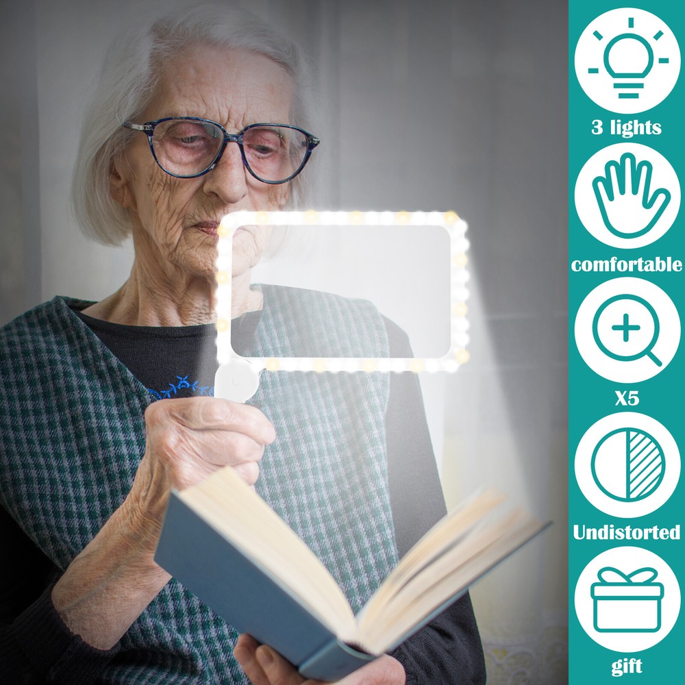 Large Magnifying Glass With 48 LED Light Dimmable 5X Reading Foldable Magnifier