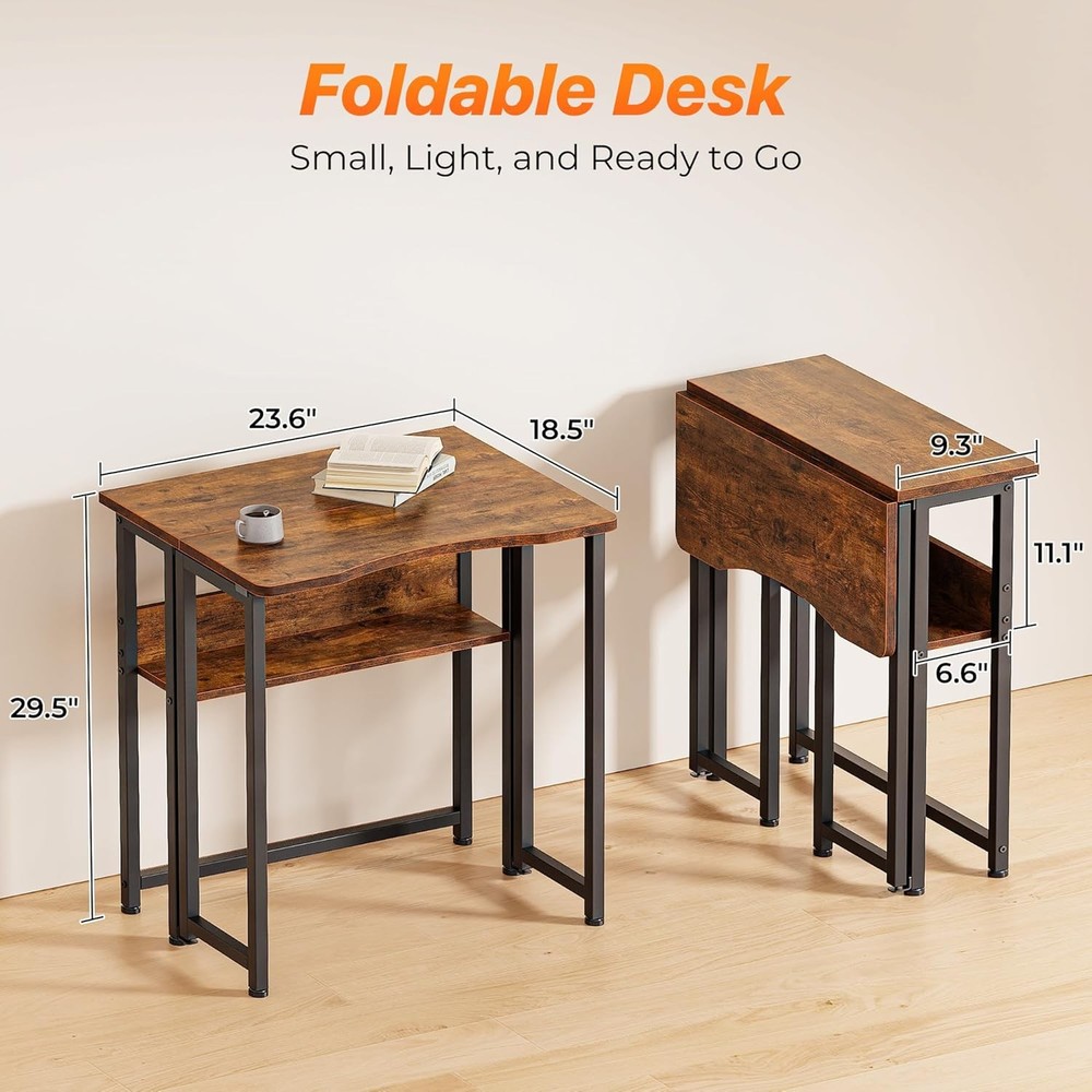 Folding Desk W/ Storage Shelf 23.6 Inch Foldable Computer Table Small Spaces
