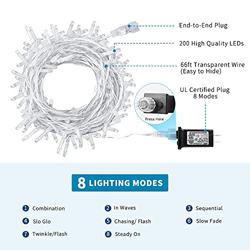 Christmas String Lights 200 LEDs Indoor String Lights 8 Modes 66FT Warm White