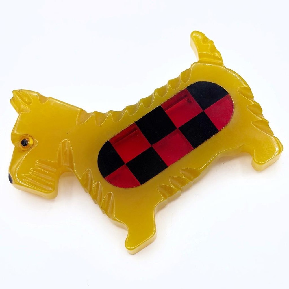 Vintage Signed Shultz Checkerboard Butterscotch Bakelite Scotty Dog Pin