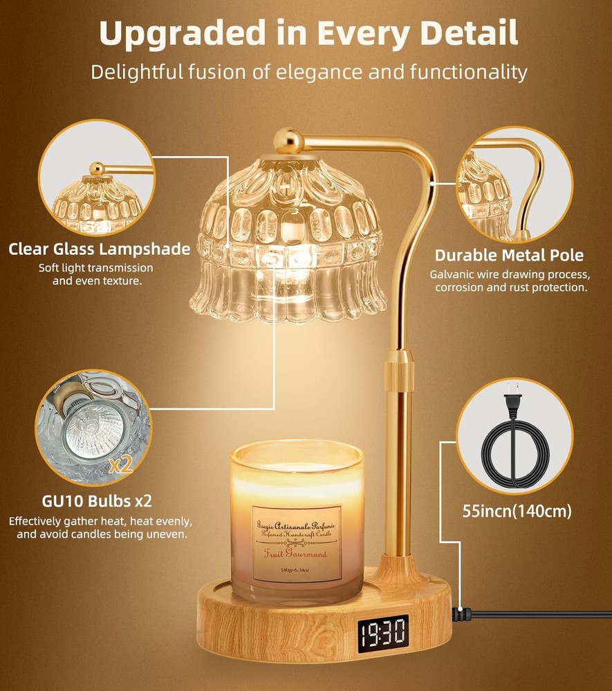 Candle Warmer Lamp with Timer | Adjustable Height & Dimmable | Base Gold