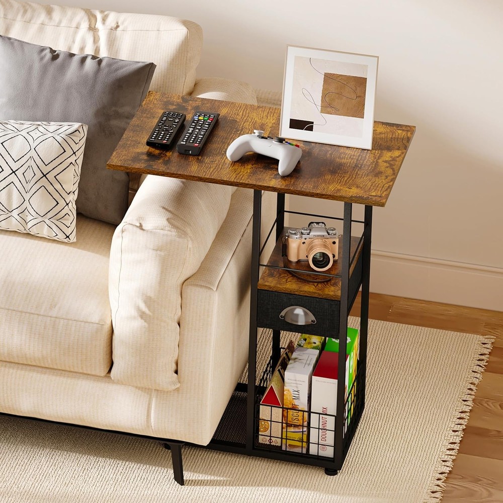 Rolling C-Shaped Side Table with Wheels and Oversized Wood Top, Mobile Overbed