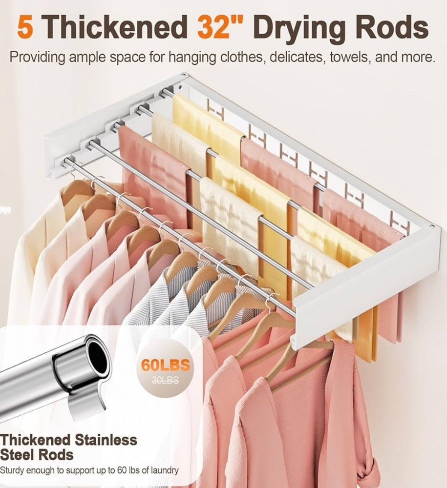 Laundry Drying Rack, Wall Mounted, Collapsible Clothes Drying Rack 31.5in Flush