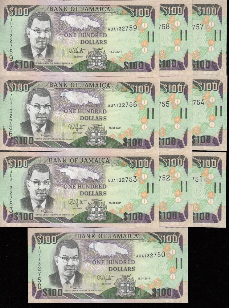 2011 Jamaica 100 Dollar Banknotes - 10 Consecutive