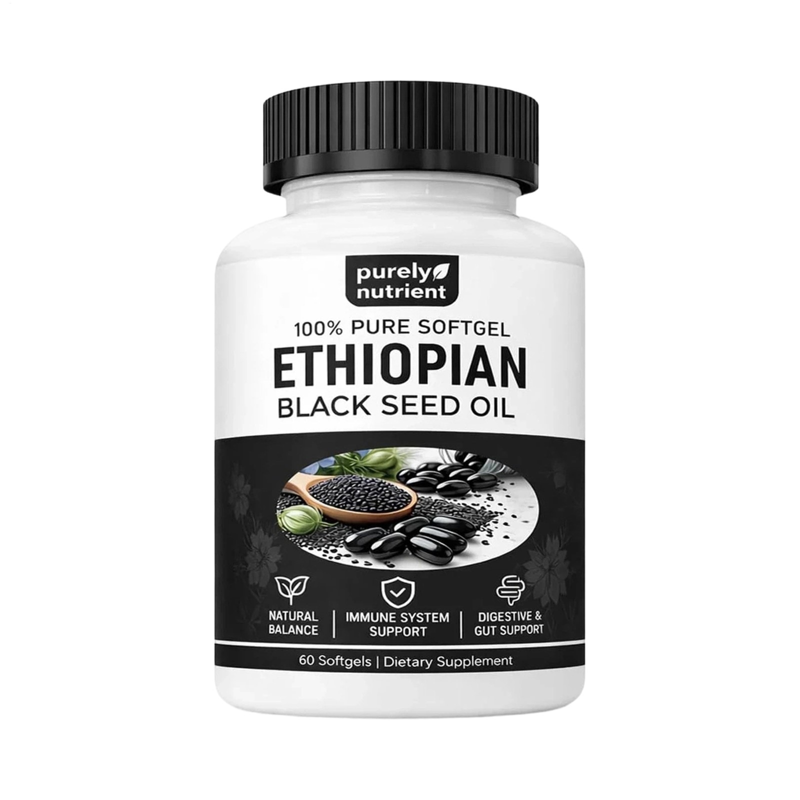 1/2x Ethiopian Black Seed Oil Softgels 4.64% Thymoquinone Gluten-Free 60Capsules