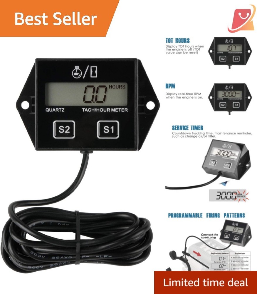 Digital Hour Meter Tachometer Maintenance Reminder Battery Replaceable For La...