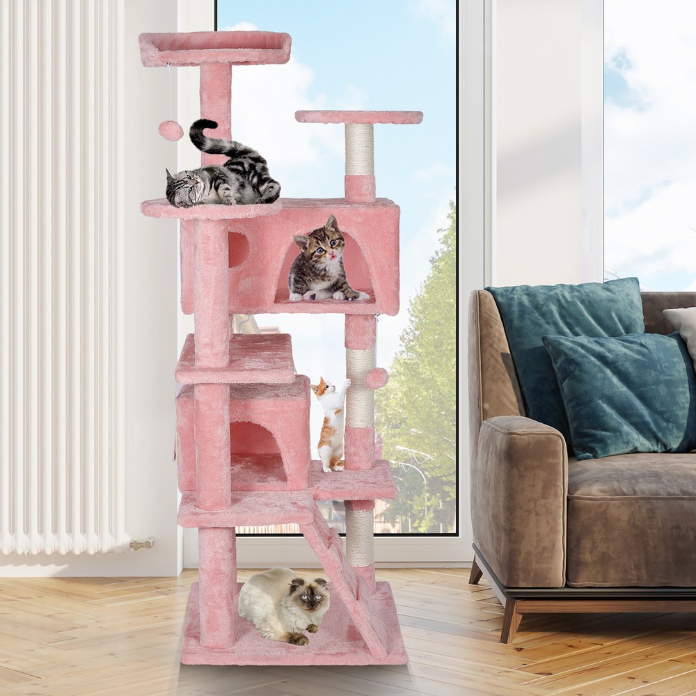 53" Cat Tree Activity Tower Pet  with Scratching Posts  Ladders Indoor Pink