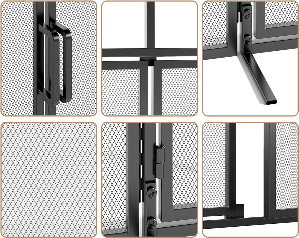 3-Panel Folding Fireplace Screen with Magnetic Hinged Doors, Solid Wrought Iron