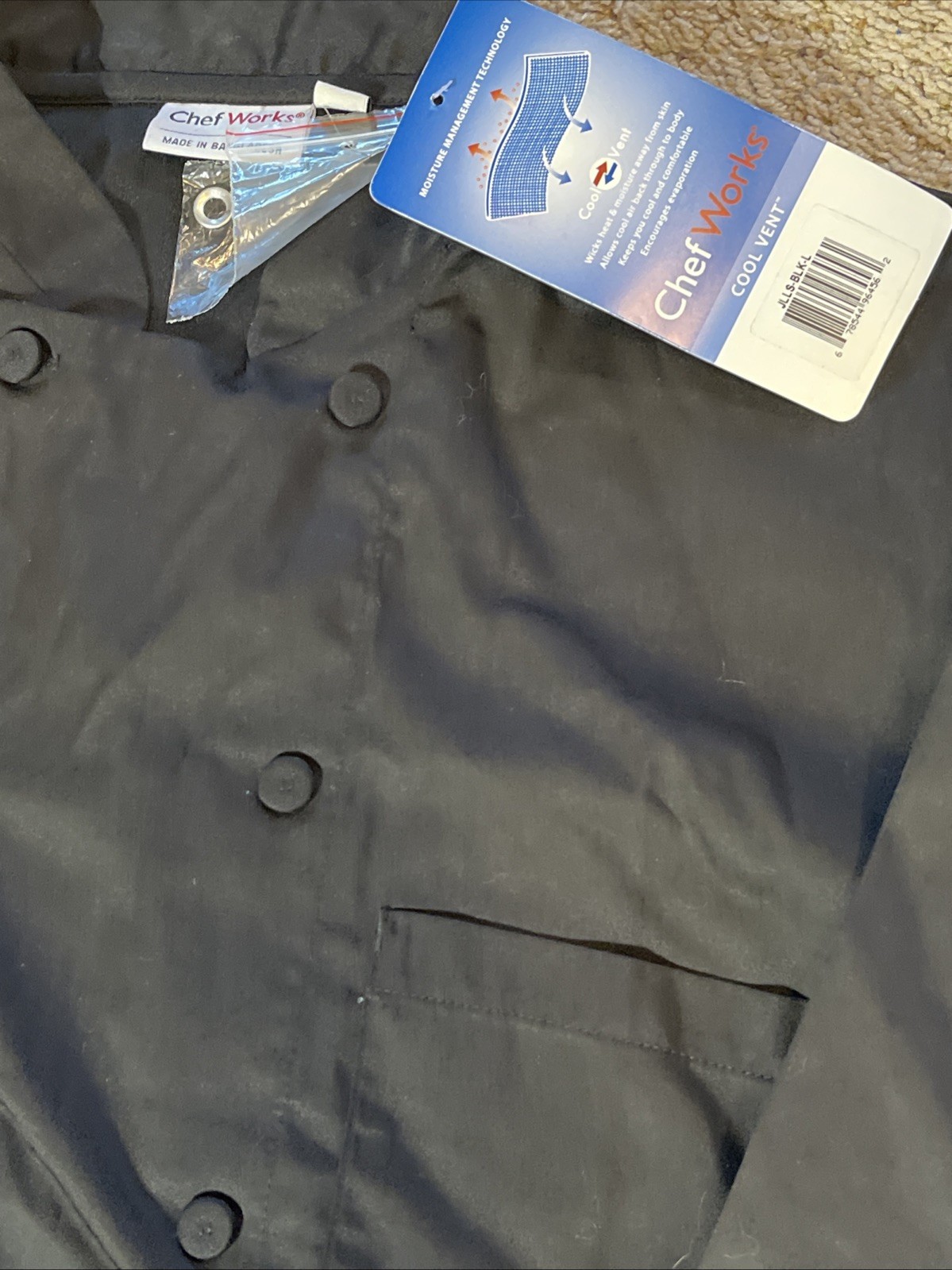 Unused L Chef Works Cool Vent Long Sleeve Black Chef Coat Shirt Double Breasted