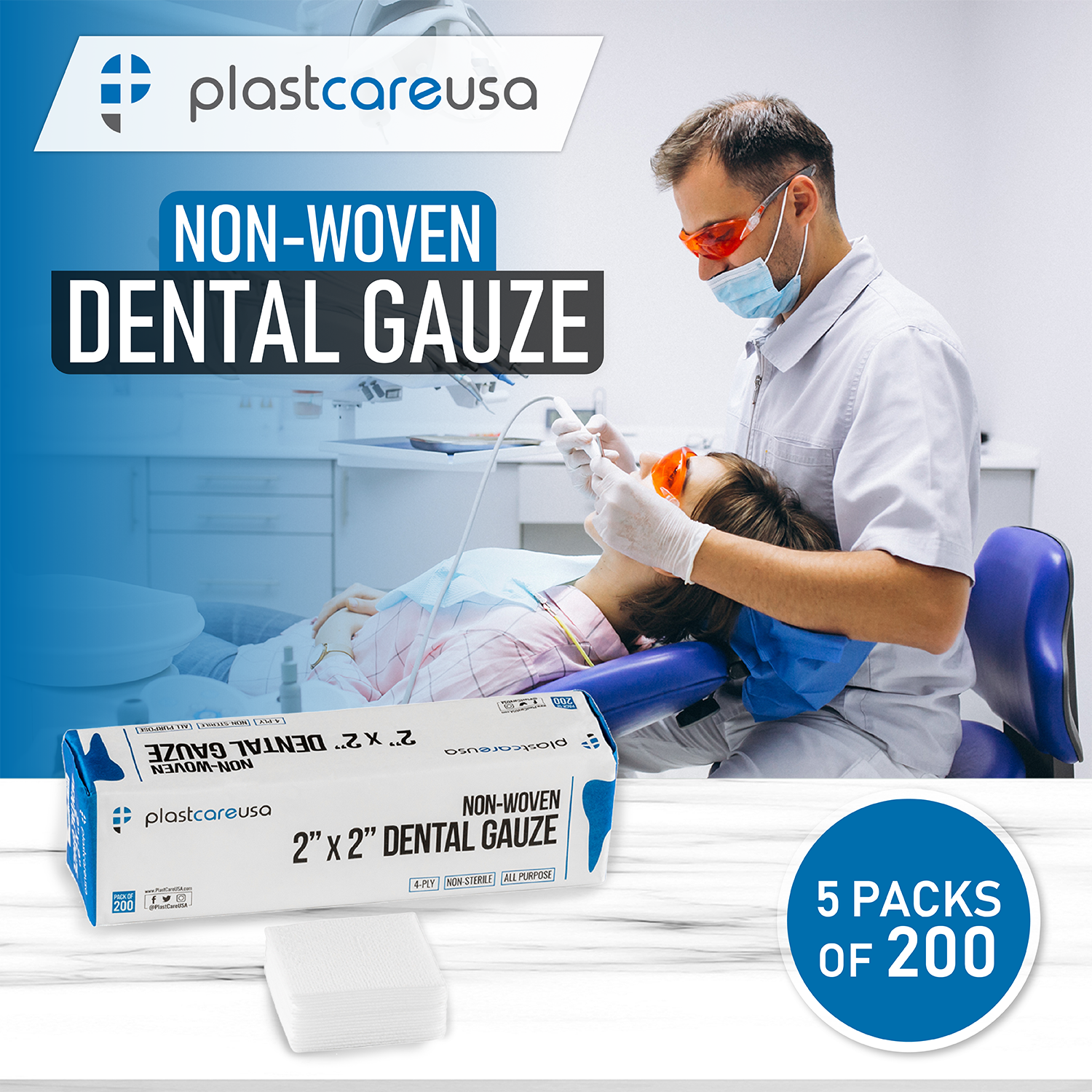 2x2 Non Woven Sponges 4-Ply, Non-Sterile Cotton Dental Gauze (1000 Pack)