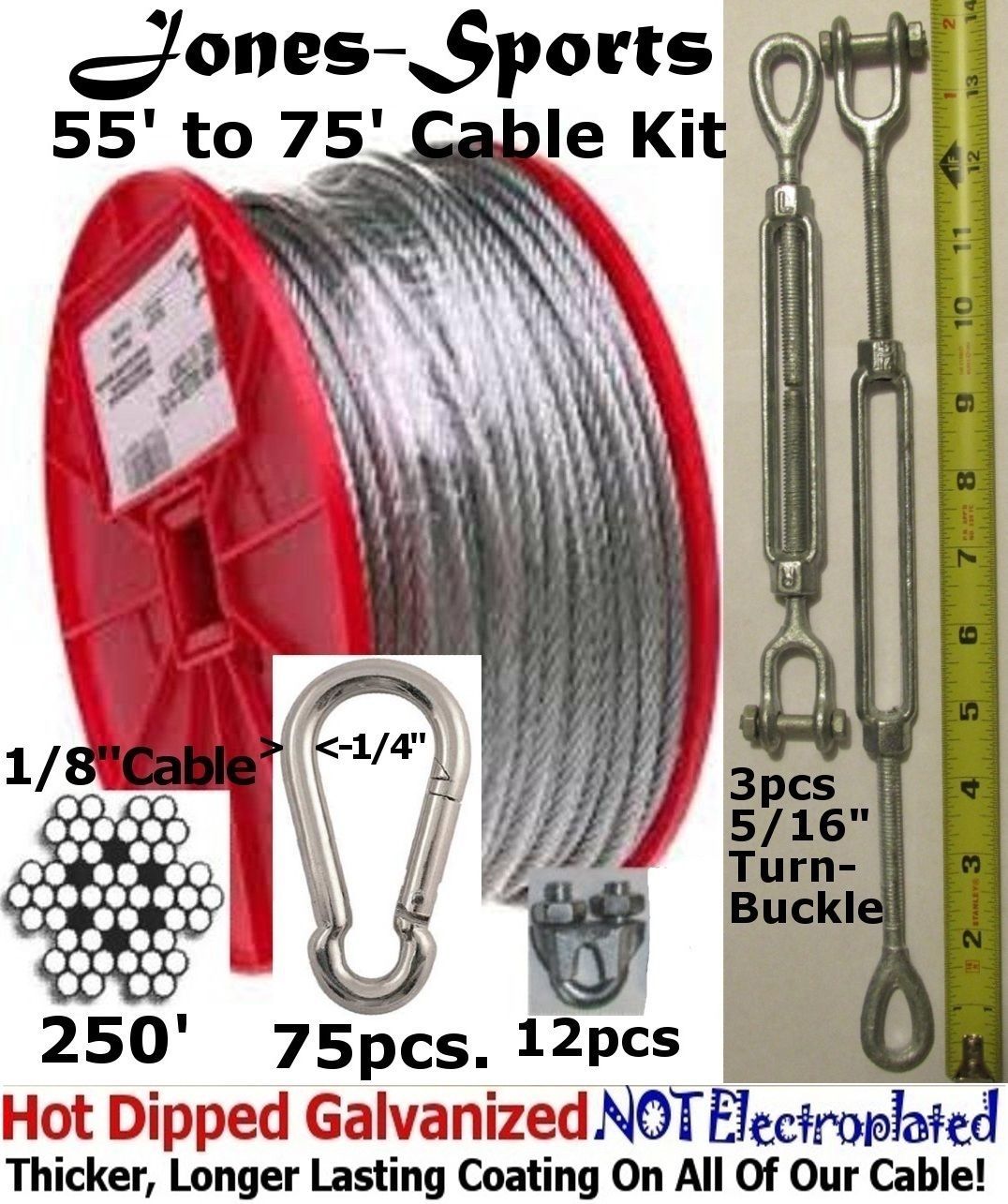Batting Cage Cable Suspension Kits Indoor Outdoor 45' to 75' Installation Kit
