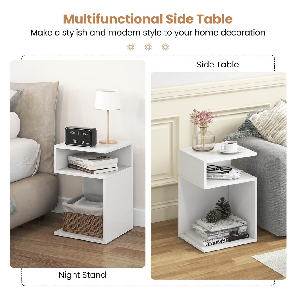 2PCS S-Shaped Side Table for Small Space Morden End Table w/S-Shaped Frame White