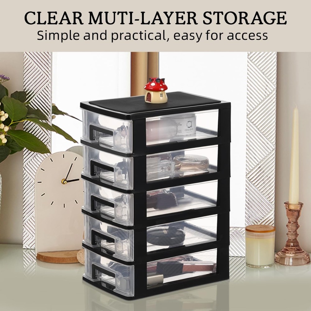 5 Tier Plastic Drawer Type Closet, Clear Stacking Desktop Makeup Organizer St...