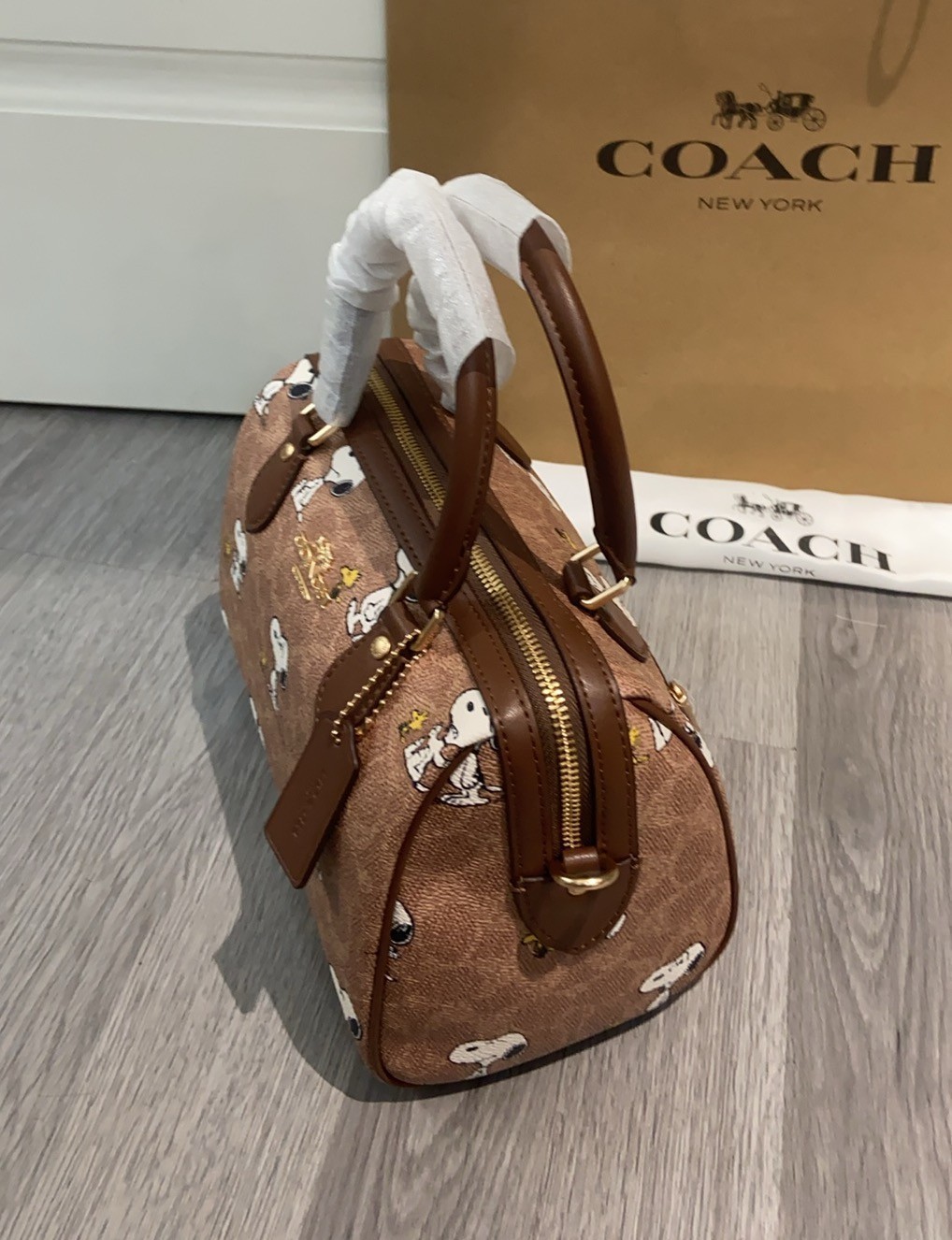 NWT Coach X Peanuts CBM33 Rowan Satchel Bag Signature Canvas Snoopy Print OUTLET