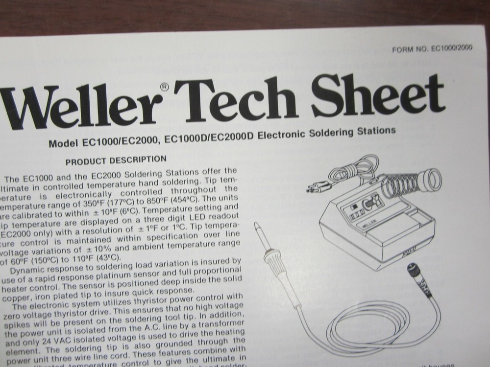 Weller Tech Sheet Model EC1000/EC2000, Electronic Soldering Stations
