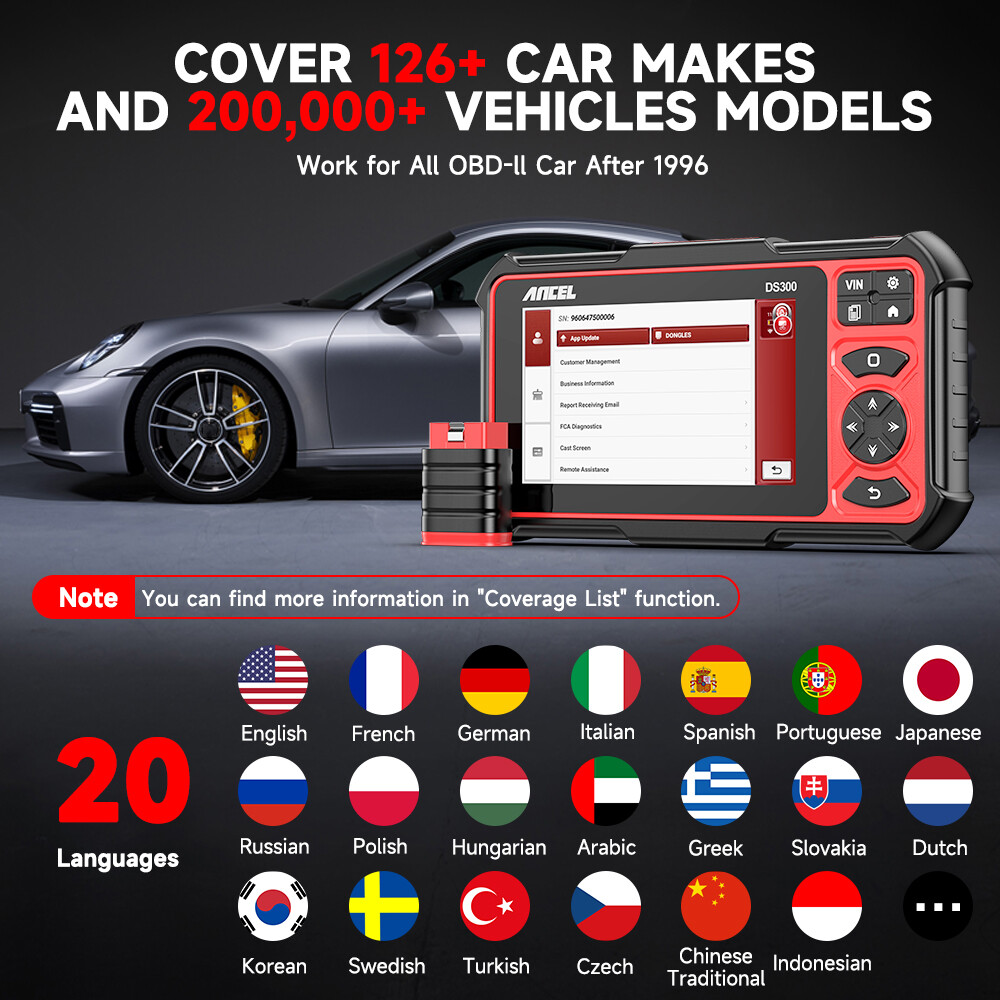 ANCEL DS300 Car Diagnostic Scan Tool Bidirectional OBD2 Scanner ECU Coding FCA