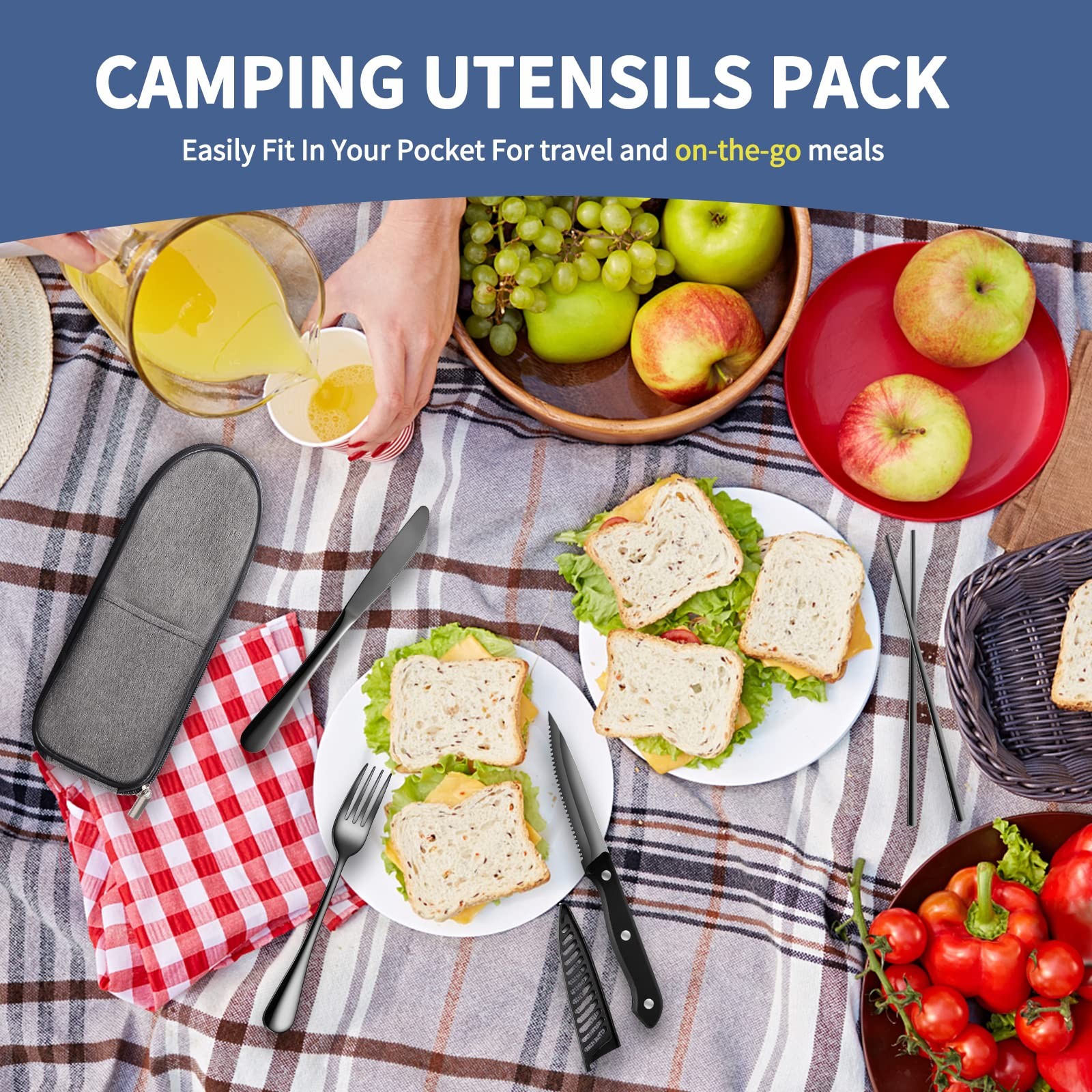 Travel Utensils with Case Reusable Portable Camping Cutlery Set Stainless Steel