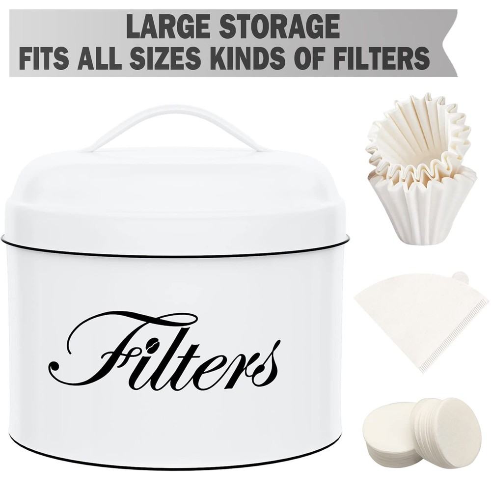 Coffee Filter Holder, White Basket Coffee Filter Storage with Lid, Round Coff...