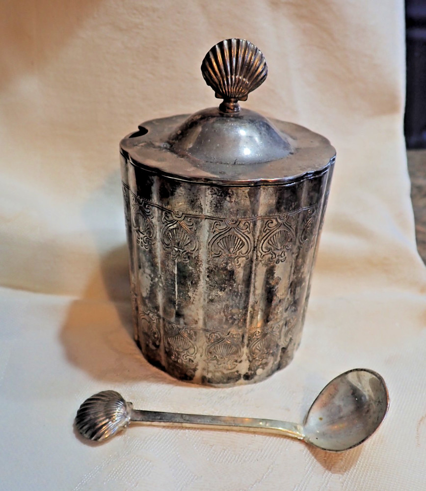 Silver Plate Jam Pot with Spoon 4.5" x 2-3/4/ wide with spoon