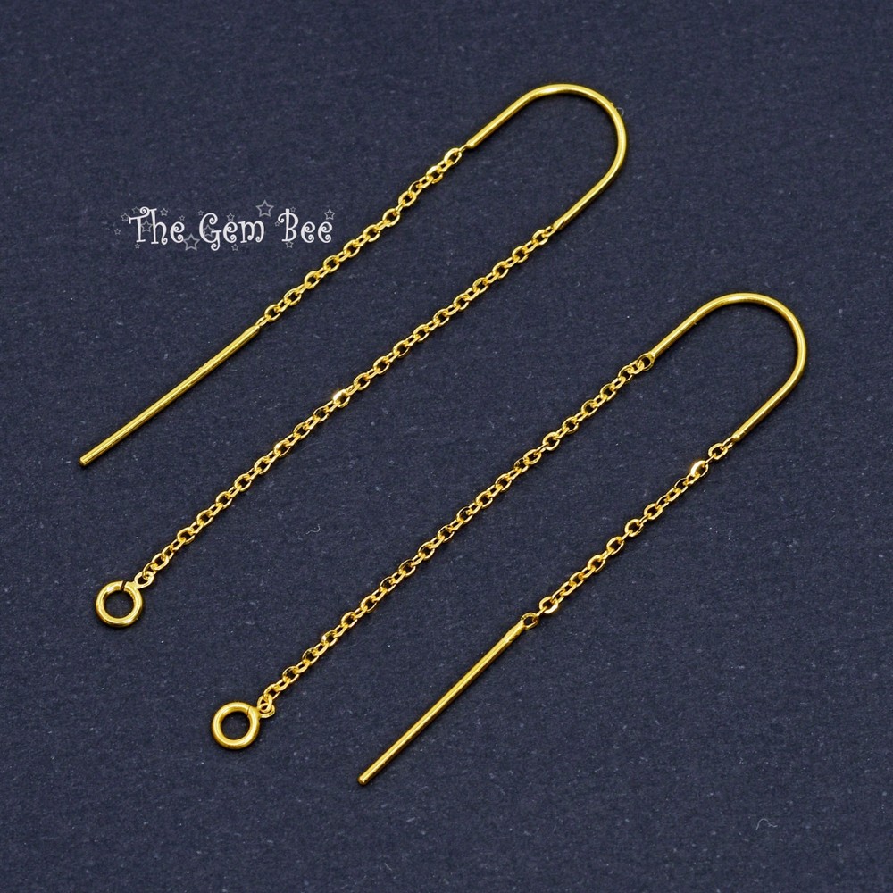 18K Solid Yellow Gold Ear Thread Earwire with loops 1.85 Inch Length