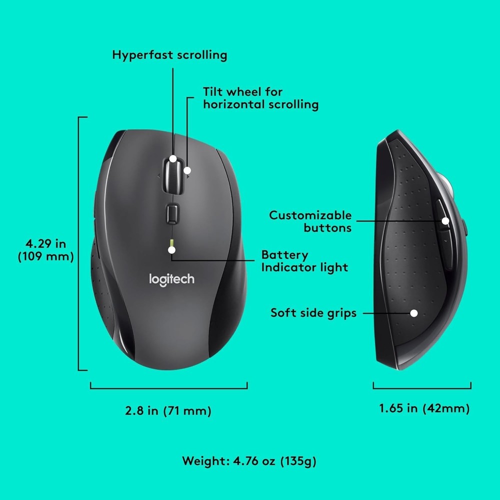 Logitech M705 Marathon Wireless Mouse, Gaming Mouse 2.4GHz Wireless PC Mac Black