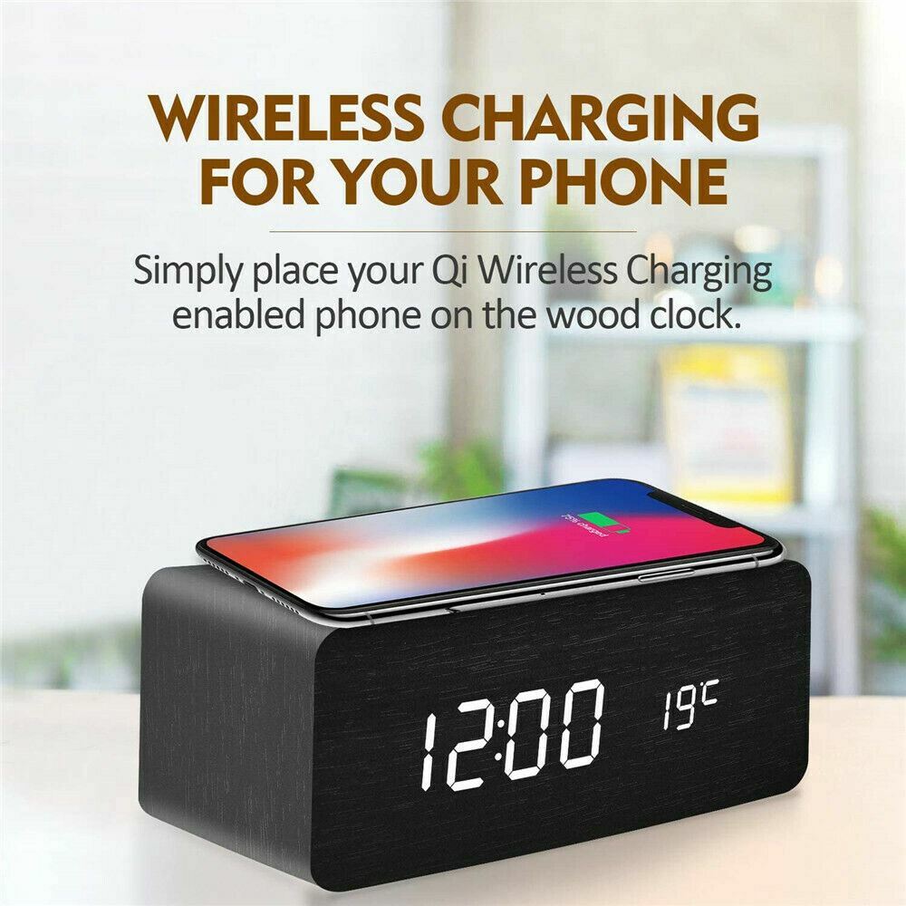 Modern Wooden Wood Digital LED Desk Alarm Clock Thermometer Qi Wireless Charger