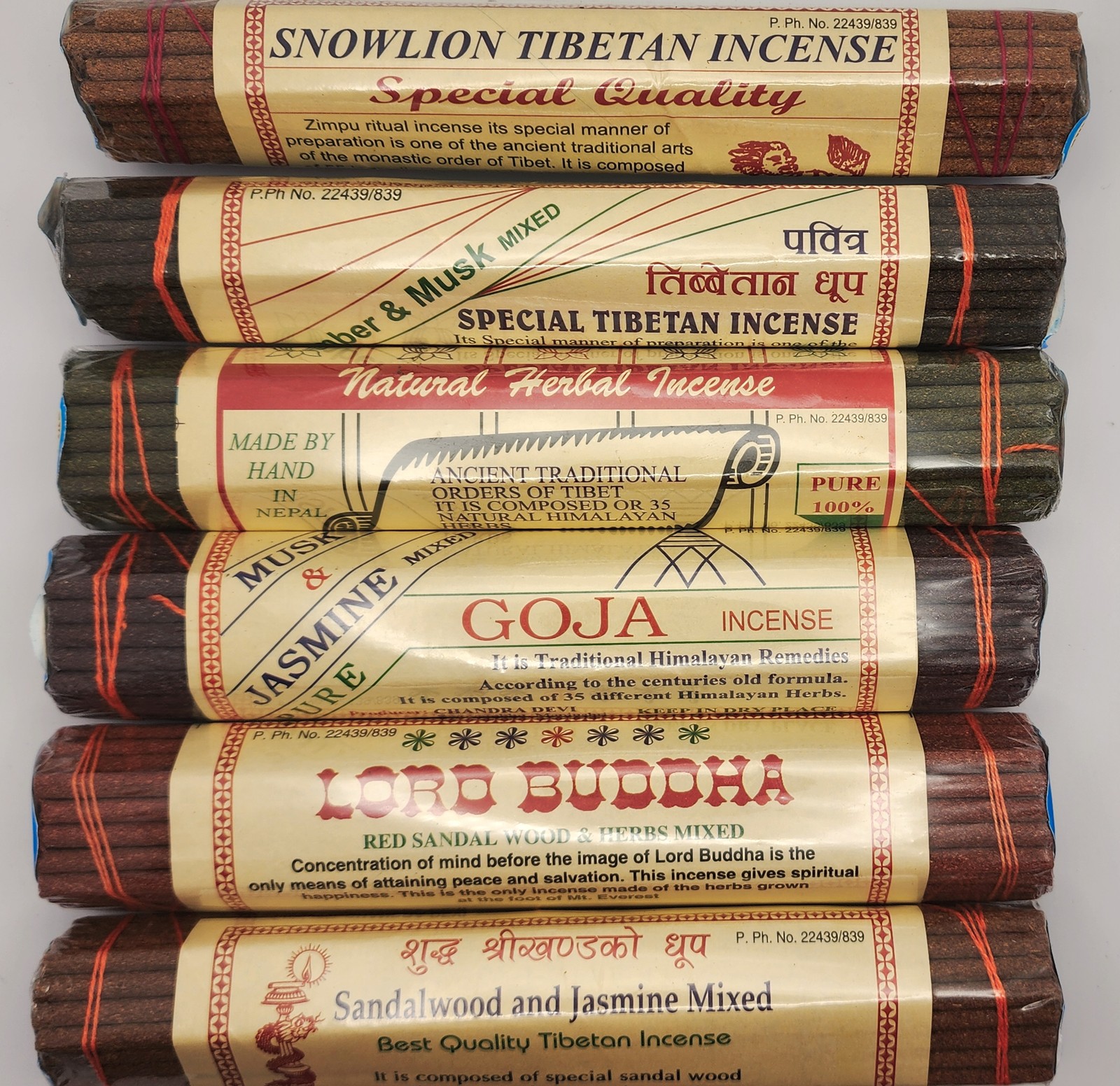 Tibetan Incense Bundle, by Chandra Devi-6 packs:Jasmine & Sandalwood, Natural,