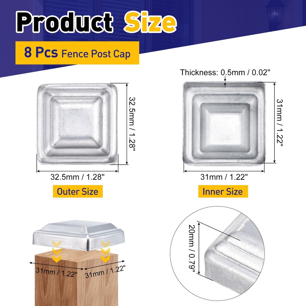 8Pcs Fence Post Cap, Galvanized Deck Post Caps Fit 1.2" x 1.2" Pipe, Silver