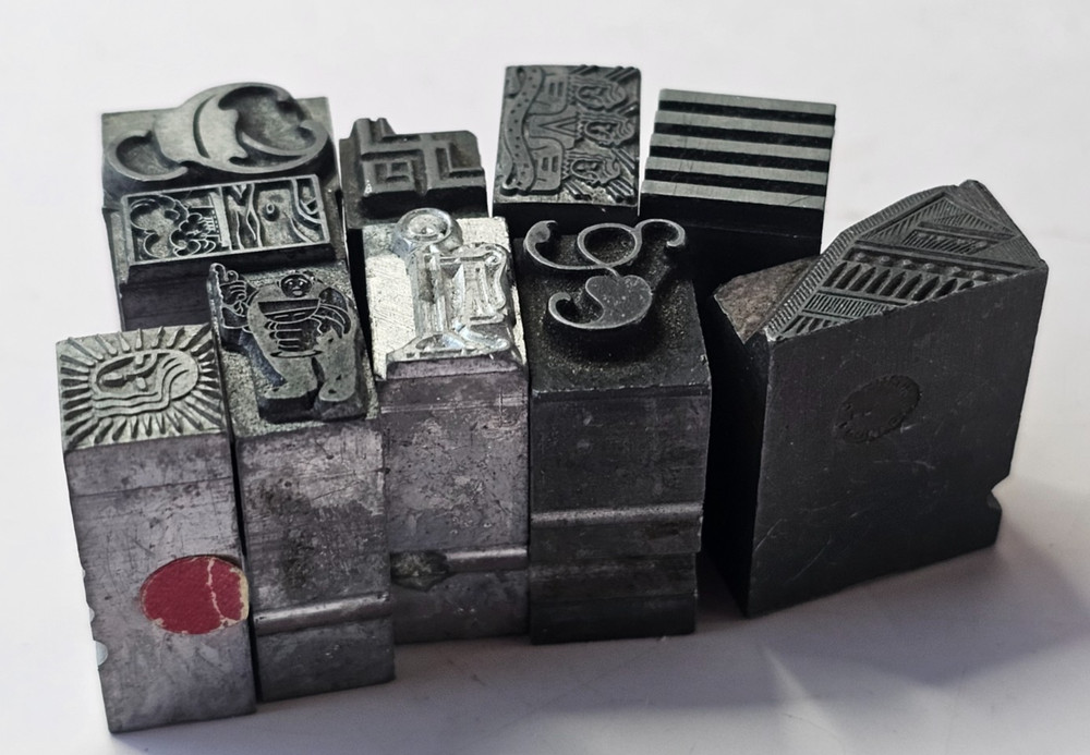 10 Assorted Vintage Metal Letterpress Printing Blocks