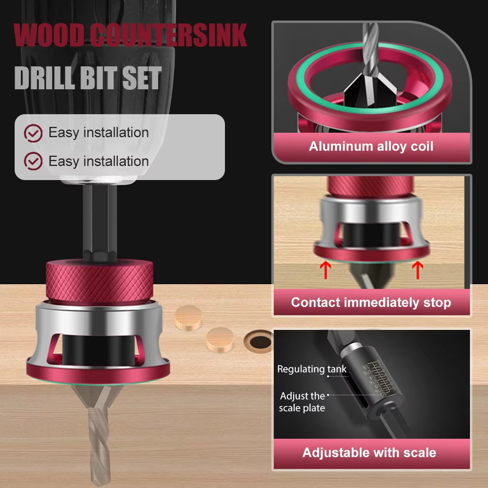 4PCS Countersink Drill Bit Set with Adjustable Depth Stop M2 HSS Woodworking Bit