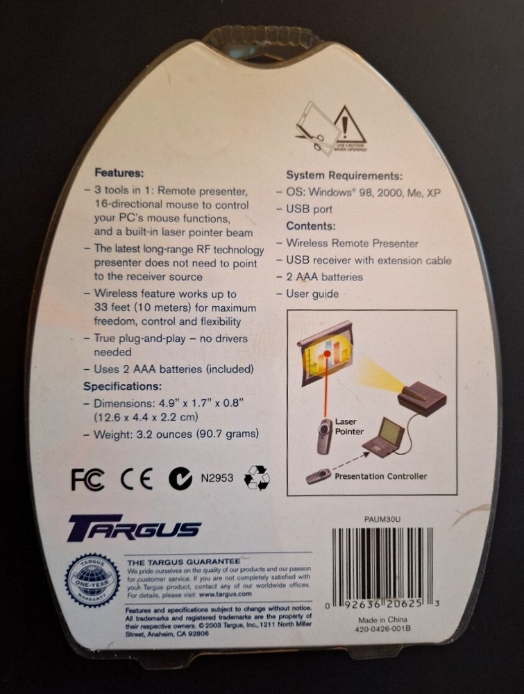 Wireless Mouse Presenter w/Laser Pointer 33 Foot Range Targus PAUM30U NIP