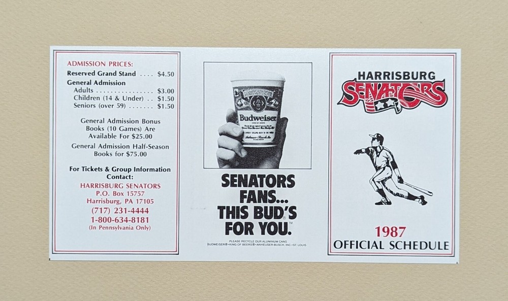 1987 Harrisburg Senators Baseball Pocket Schedule Eastern League BUDWEISER ⚾️⚾️