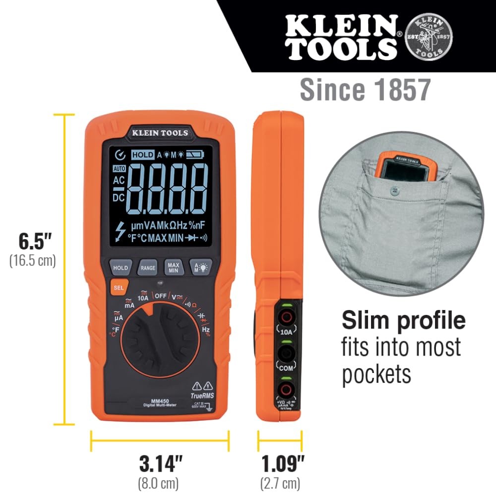Klein Tools MM450 Slim Digital Multimeter, Reverse One Size, Orange/Black