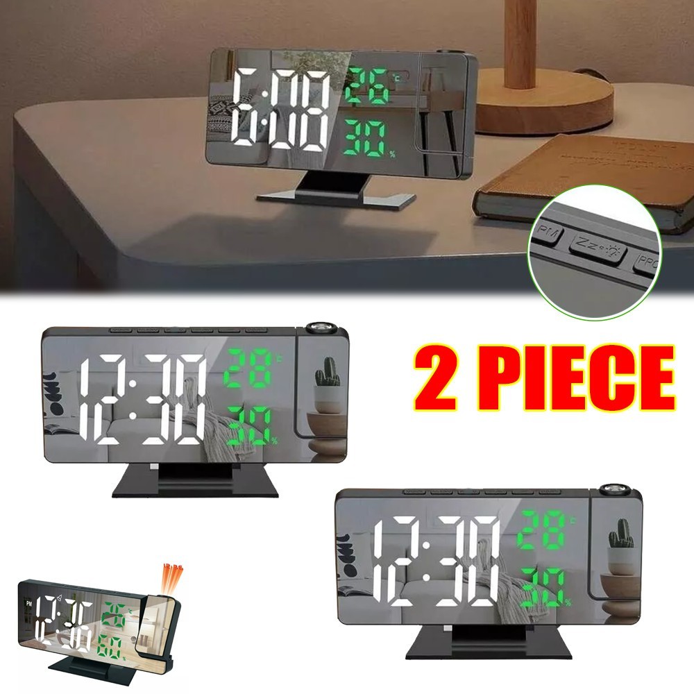 2X LED Digital Projection Alarm Clock with 180° Projector Multifunctional Clock