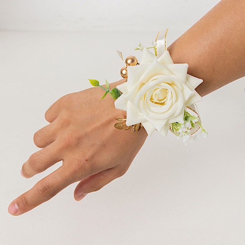 WHITE 2 SILK ROSES 4" Wrist Corsages with Pearls Wedding Flowers Party Bouquets