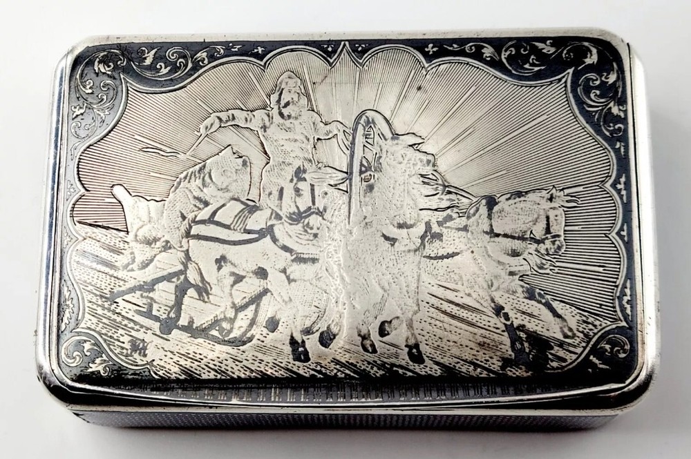 1874 IMPERIAL RUSSIAN NIELLO SOLID SILVER CIGARETTE CASE 84 WITH TROIKA SCENE