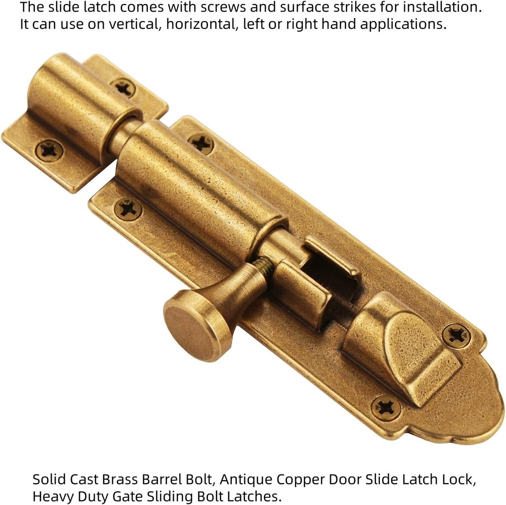 Solid Cast Brass Barrel Bolt, Antique Door Slide Latch Lock, Bronze