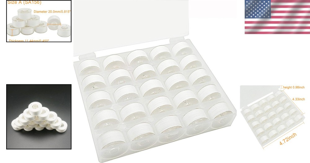 25pcs 90wt Prewound Bobbin Thread for Embroidery - White Soft Polyester