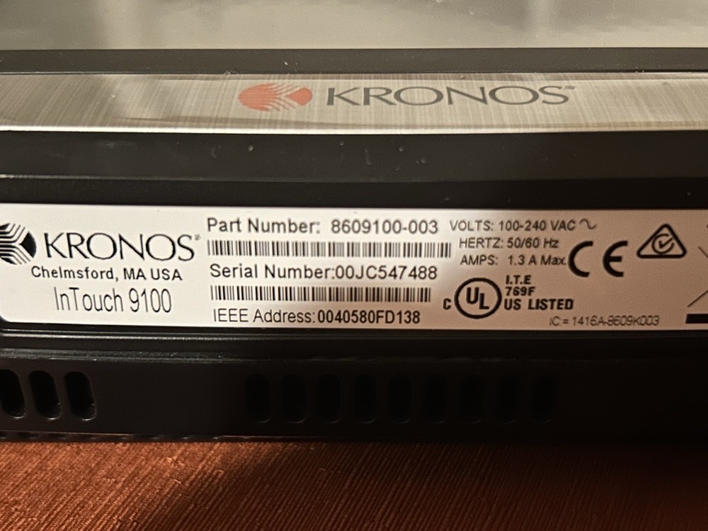 Kronos InTouch 9100 Biometric Time Clock Terminal with Power Adapter