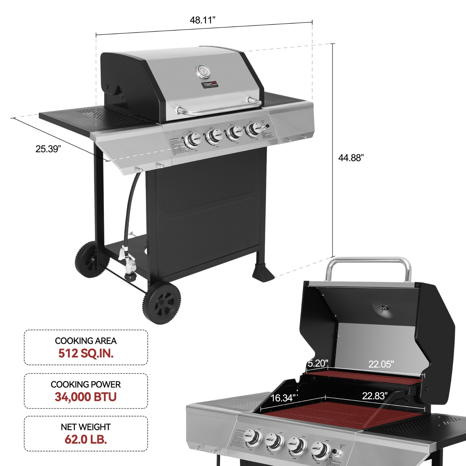 Royal Gourmet 4-Burner Propane Gas Grill with Stainless Steel Upper Lid Outdoor