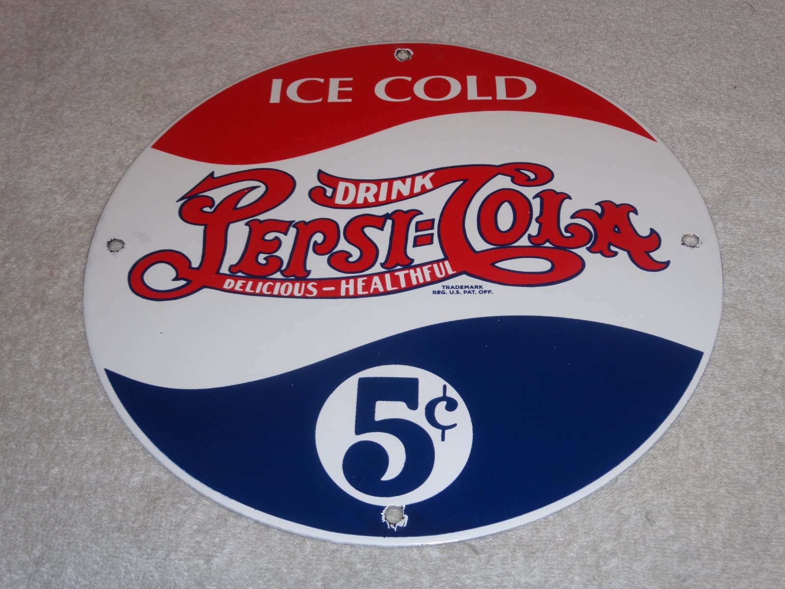 VINTAGE DRINK PEPSI COLA 5 CENTS! 11 3/4" PORCELAIN METAL SODA GASOLINE OIL SIGN